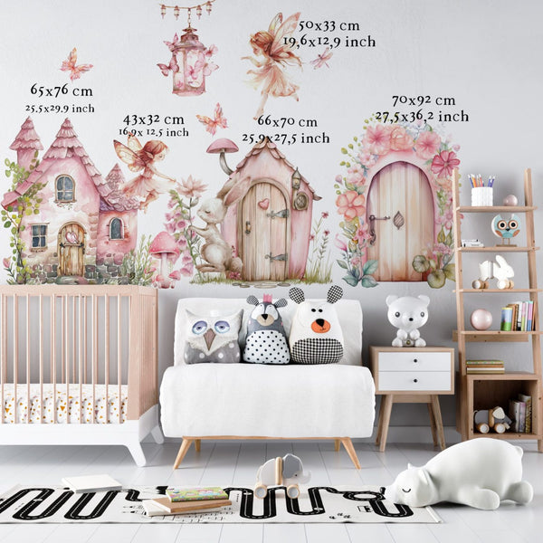 Pastel fairy house and magic door wall decals with two winged elves