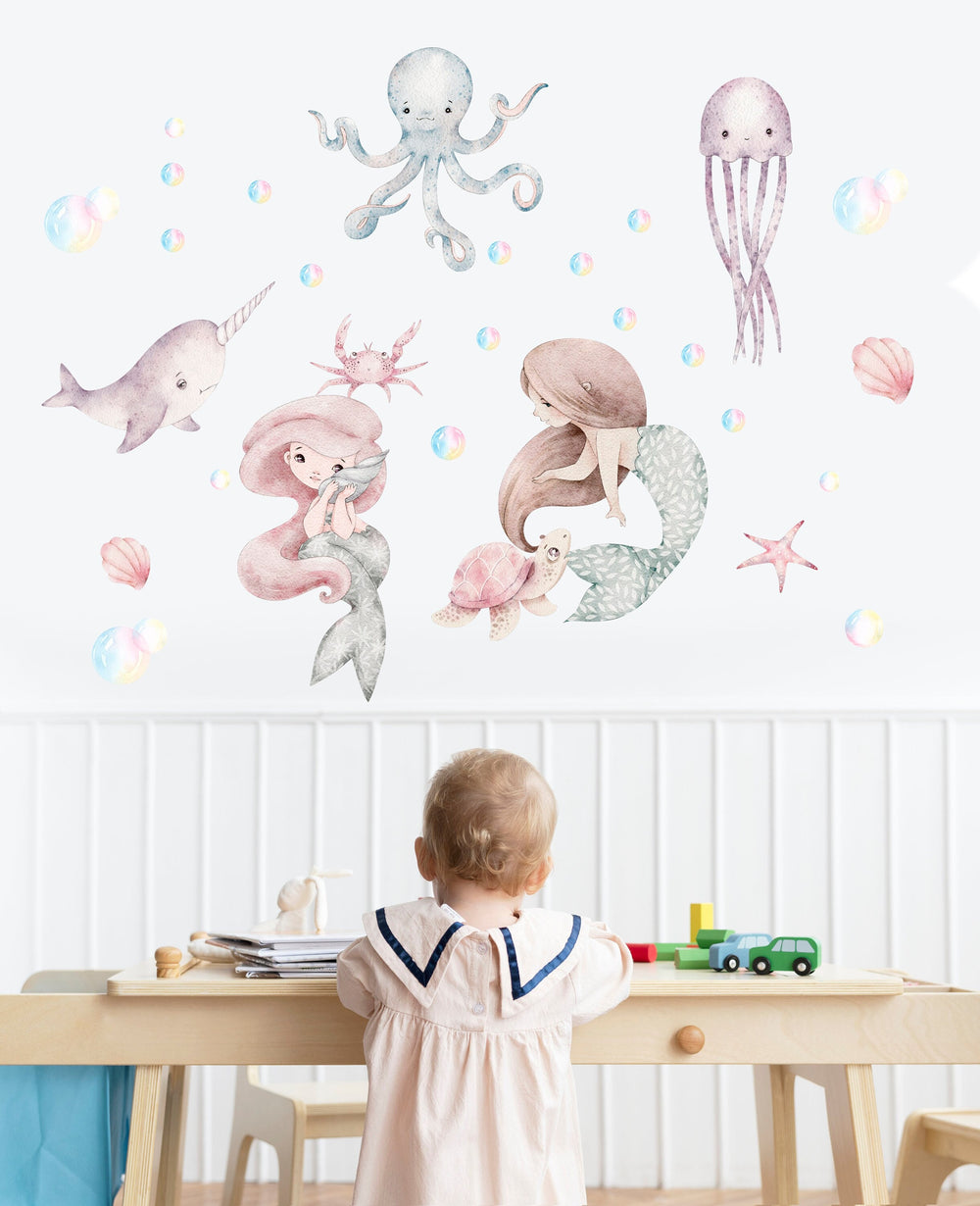 mermaid wall decal, sea wall decal, Nursery wall decal Sea World Watercolour little mermaid, ocean wall decal, Sea World Ocean Wall Decal