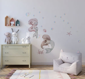 mermaid wall decal, sea wall decal, Nursery wall decal Sea World Watercolour little mermaid, ocean wall decal, Sea World Ocean Wall Decal