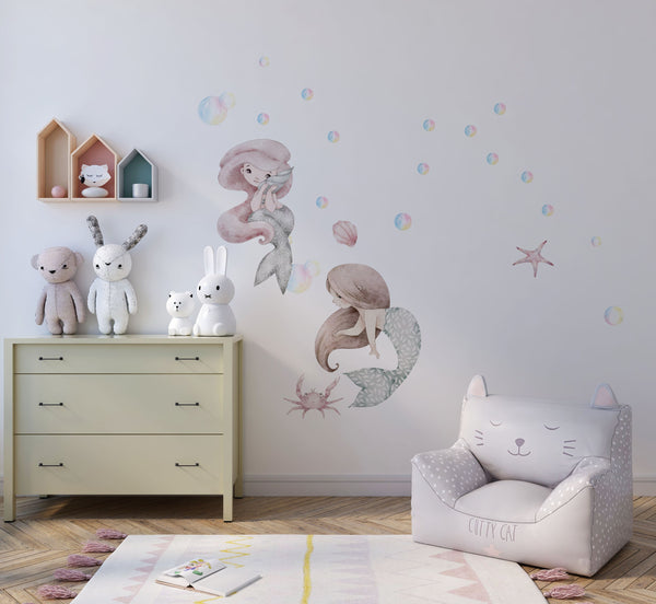 mermaid wall decal, sea wall decal, Nursery wall decal Sea World Watercolour little mermaid, ocean wall decal, Sea World Ocean Wall Decal