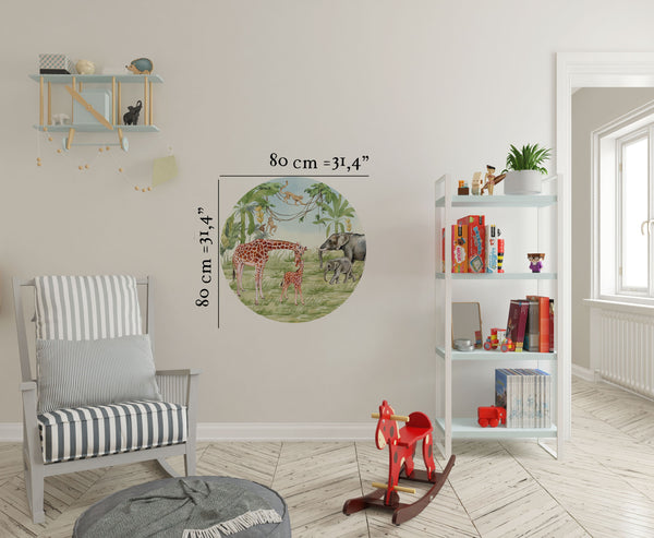 Window to African land with giraffe and elephants with their babies - 3 sizes of wall decal available