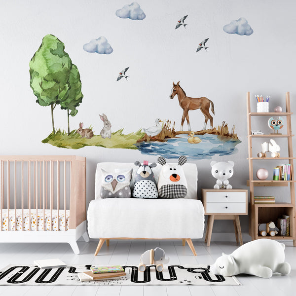 Pony and rabbits at the pond - farm animals walldecals