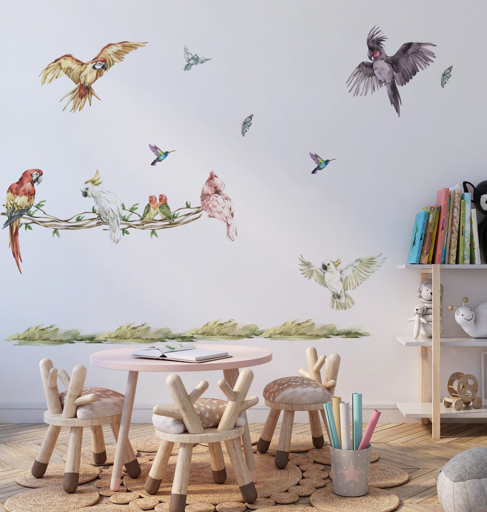 Colorful parrots on a branch - jungle wall decals