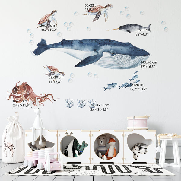Great Ocean Whales - big water animals wall decal set