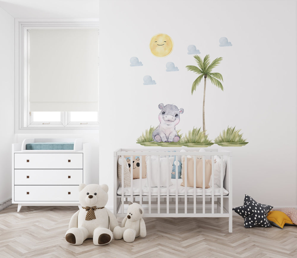 Happy Hippo African nursery wall decal under sunny sky – sweet peel and stick by Igibee

