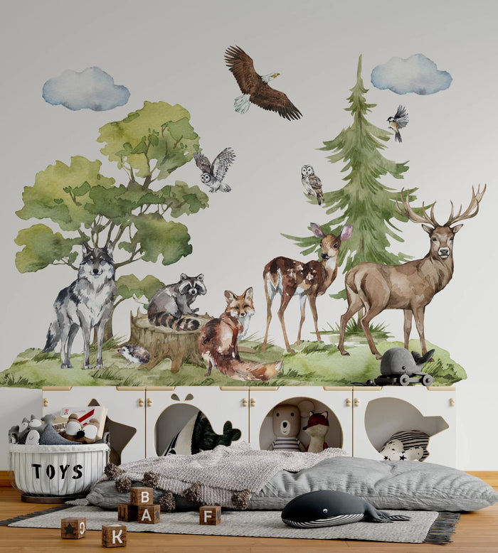 Forest grove wall stickers with deer, wolf and fox