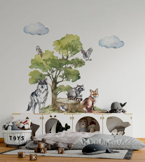 Forest grove wall stickers with deer, wolf and fox