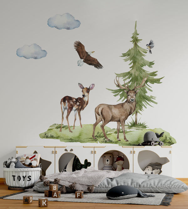 Forest grove wall stickers with deer, wolf and fox
