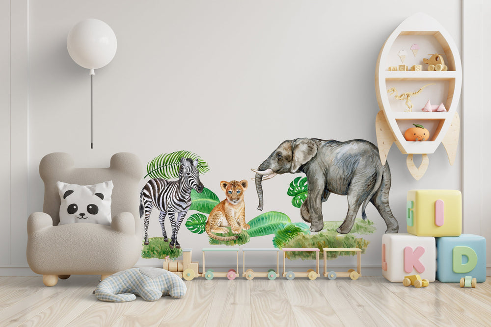 Safari-Kinderzimmer-Dekoration mit Elefant und Zebra