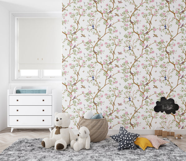 chinoiserie wallpaper - floral camelia wallpaper with birrds