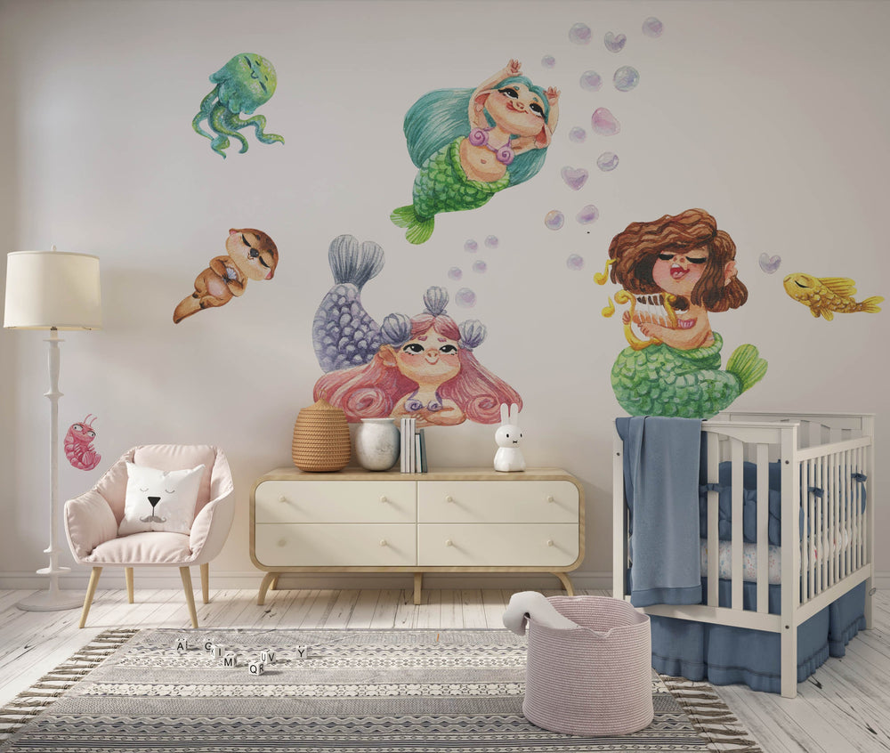 Funny singing mermaids wall decal set – underwater fantasy nursery decals by Igibee