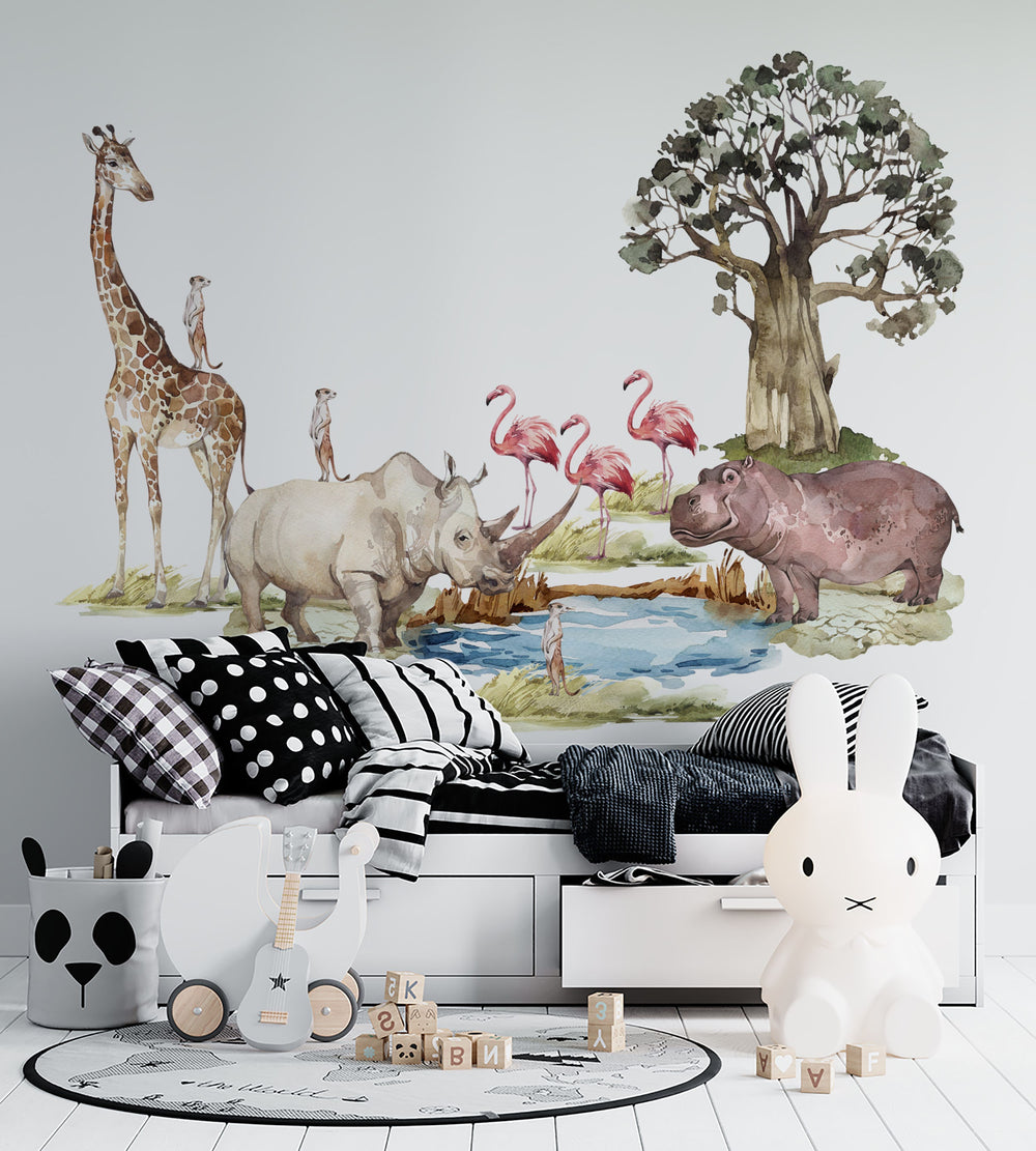 Safari-Kinderzimmerdeko, Wandtattoos mit Giraffe, Nashorn, Nilpferd und Flamingos