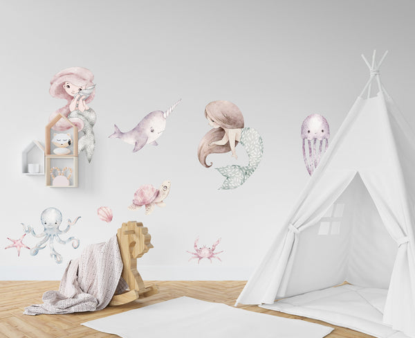 mermaid wall decal, sea wall decal, Nursery wall decal Sea World Watercolour little mermaid, ocean wall decal, Sea World Ocean Wall Decal
