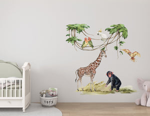 Giraffe, chimp and parrots - safari wall decal set