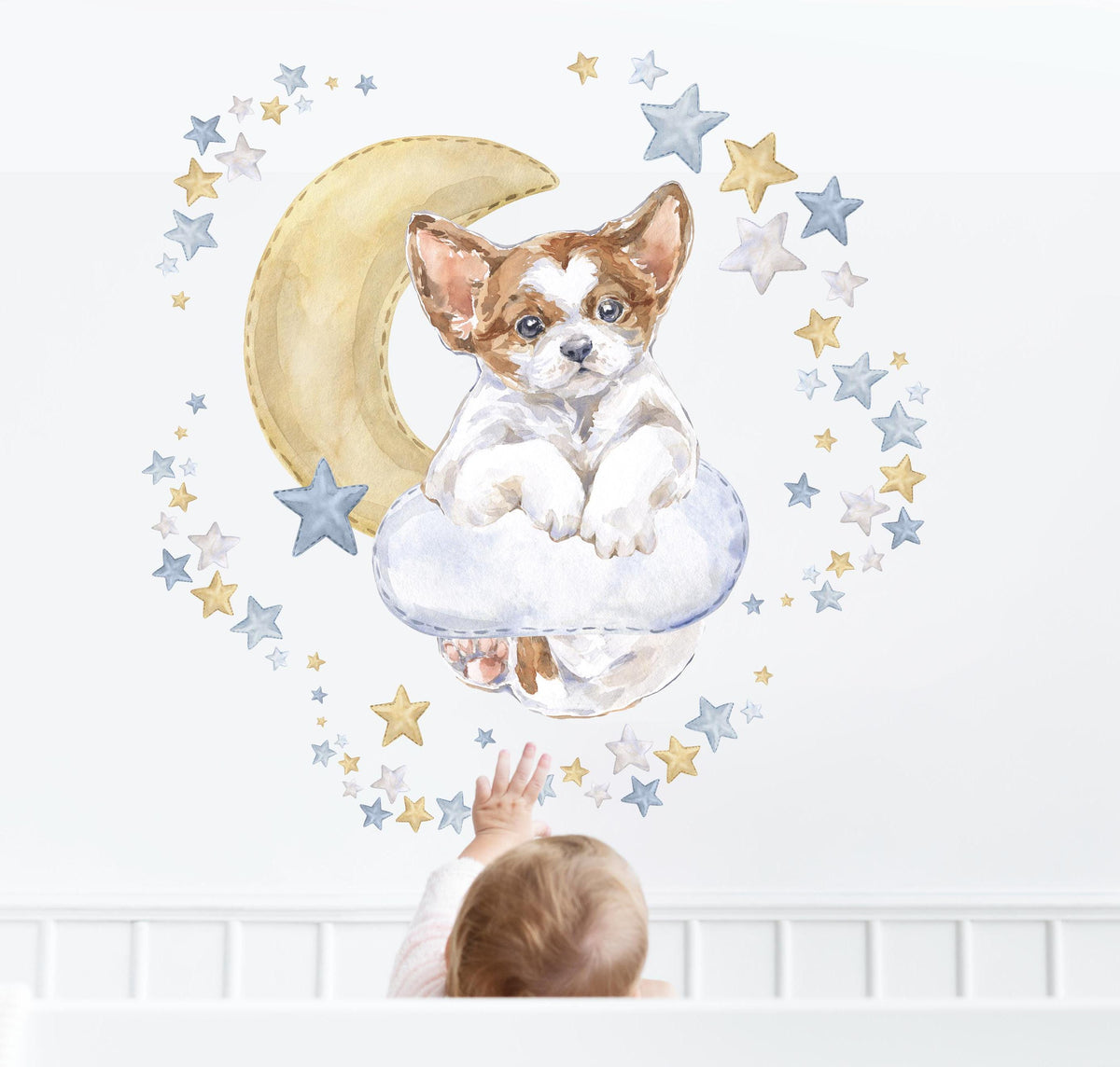 Little puppy on a cloud with a moon and stars