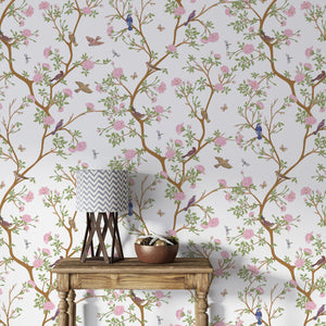 chinoiserie wallpaper - floral camelia wallpaper with birrds