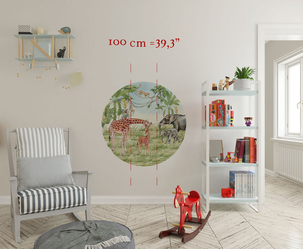 Window to African land with giraffe and elephants with their babies - 3 sizes of wall decal available