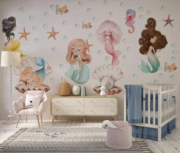 mermaid wall decal kids wall decal for nursery room. Peel and stick little mermaid wall decal.