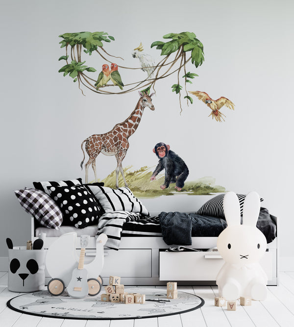 Giraffe, chimp and parrots - safari wall decal set