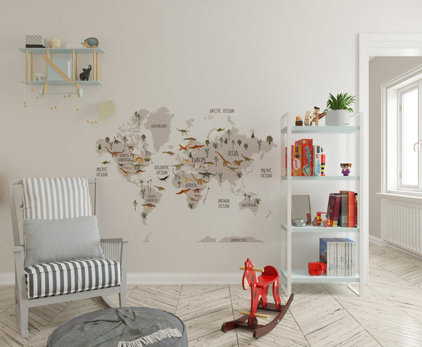 Self-adhesive map with dinosaurs