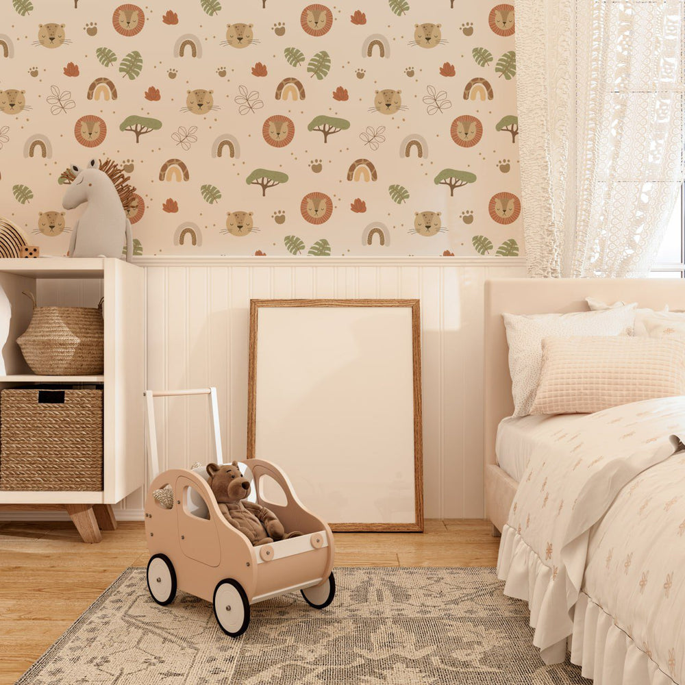Lions and cheetahs safari pattern wallpaper for kids room by Igibee