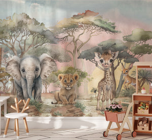 Wall mural of elephants, giraffes, and a lion in a forest setting in a nursery room