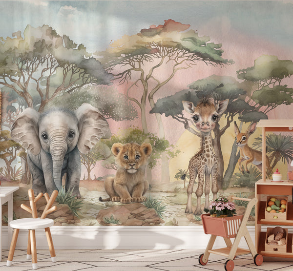 Wall mural of elephants, giraffes, and a lion in a forest setting in a nursery room
