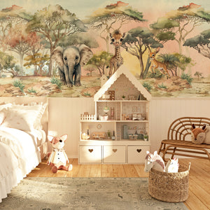 Kid's bedroom with African Animals Wallpaper mural on the wall