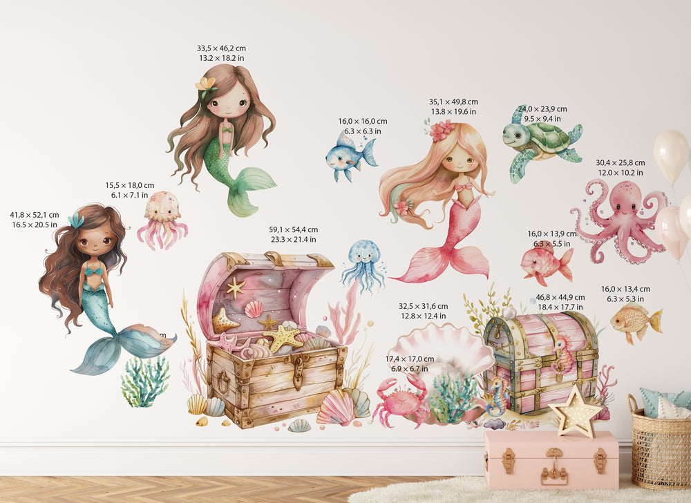 Mermaid Wall Decals – Under the Sea Wall Stickers with Treasure Chests