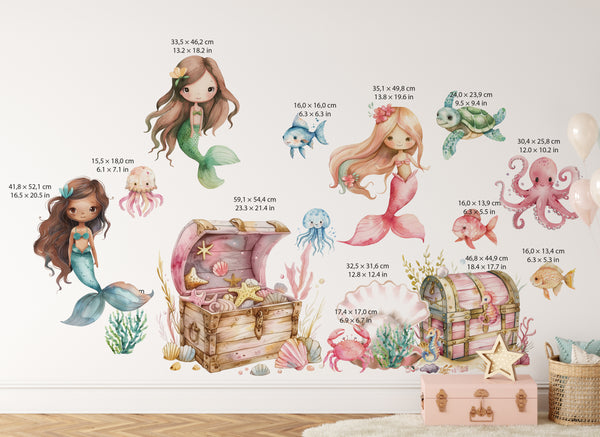 Mermaid Wall Decals – Under the Sea Wall Stickers with Treasure Chests