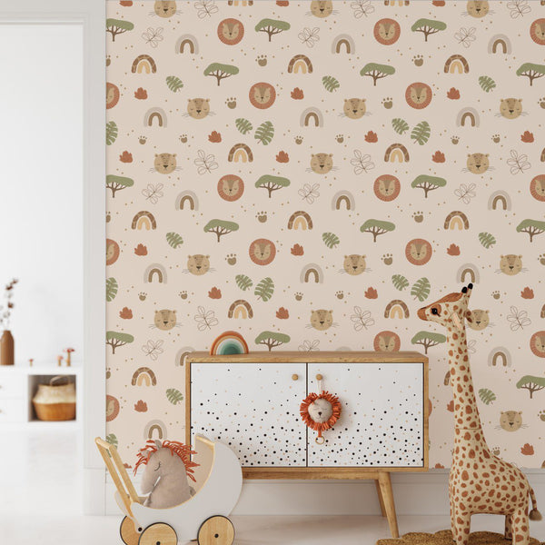 Lions and cheetahs safari pattern wallpaper for kids room by Igibee