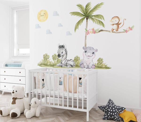 Baby room with sweet african animals zebra and hippo set2
