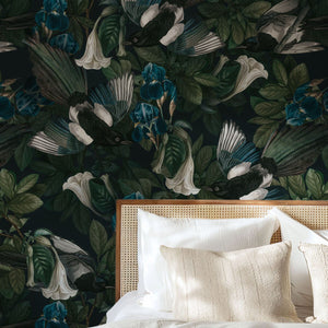 Birds and flowers wallpaper detail for living room by Igibee