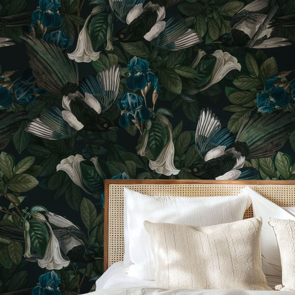 Birds and flowers wallpaper detail for living room by Igibee