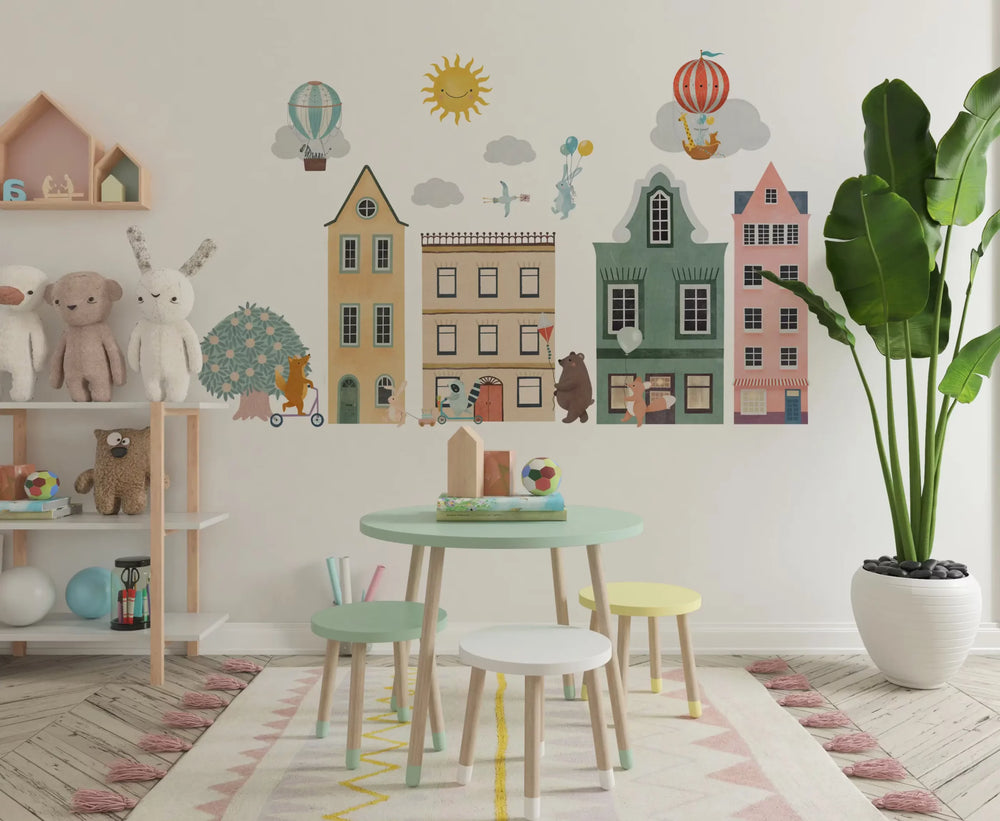 Colorful town of animals wall stickers – cute animal community nursery decals by Igibee