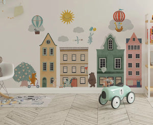 Colorful town of animals wall stickers – cute animal community nursery decals by Igibee