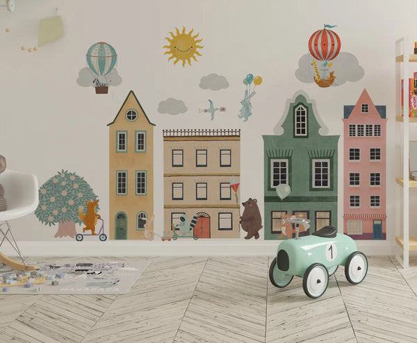 Colorful town of animals wall stickers – cute animal community nursery decals by Igibee