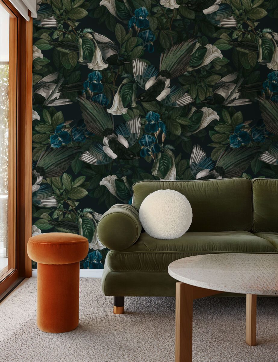 Dark birds and tropical flowers wallpaper by Igibee