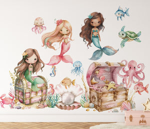 Mermaid Wall Decals – Under the Sea Wall Stickers with Treasure Chests