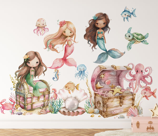 Mermaid Wall Decals – Under the Sea Wall Stickers with Treasure Chests