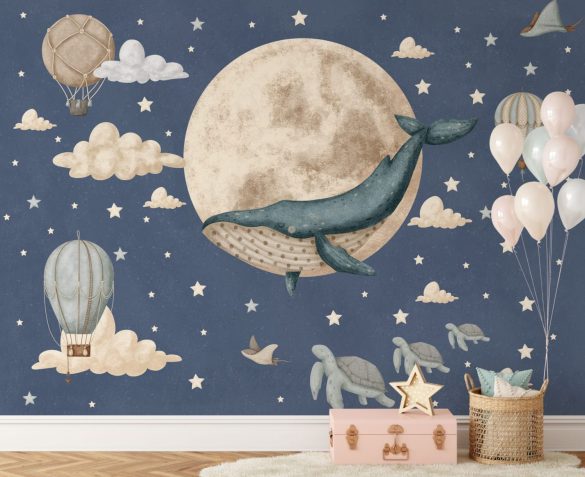 Dreamy night sky wallpaper with whale and sailing ships for kids room by Igibee