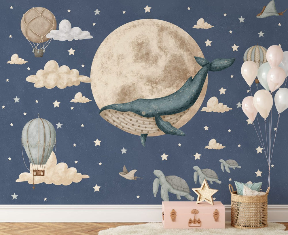 Dreamy night sky wallpaper with whale and sailing ships for kids room by Igibee