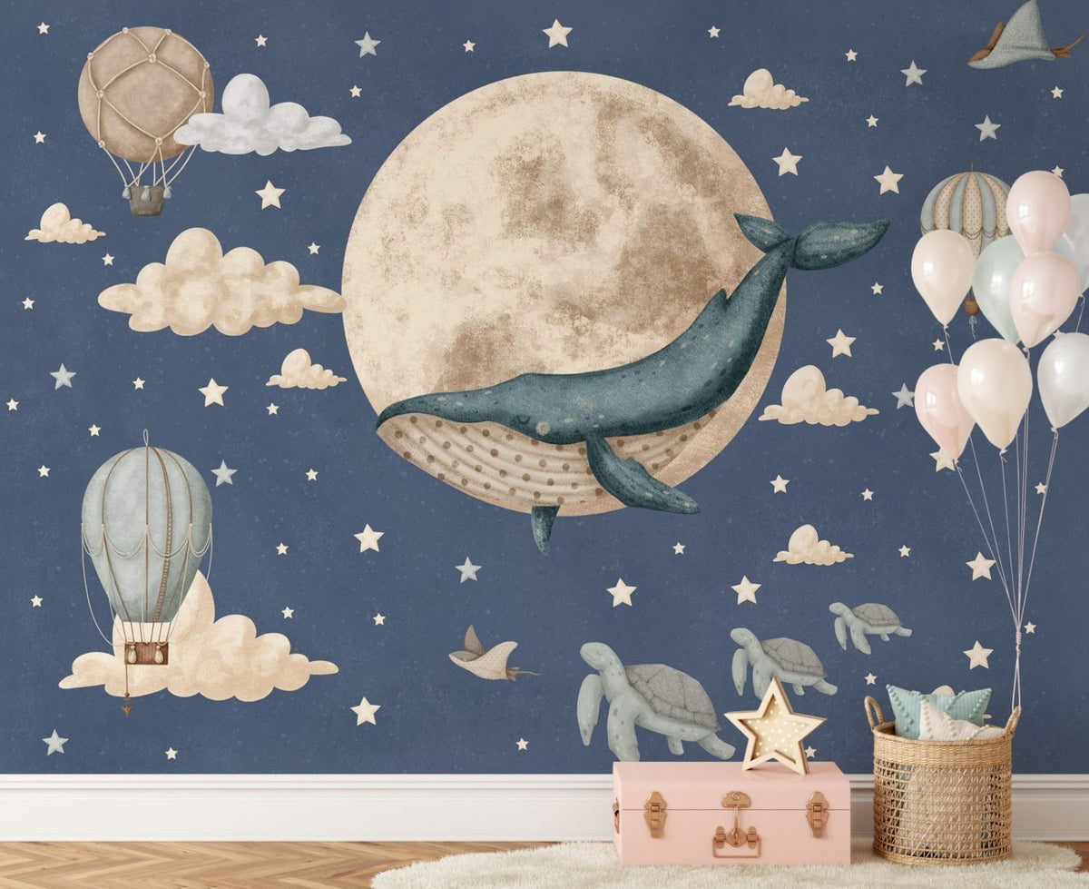 Dreamy Night Sky - Whale and Sailing Ships Wallpaper for Kids Room