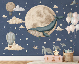 Dreamy night sky wallpaper with whale and sailing ships for kids room by Igibee