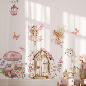 Dreamy fairy tale wall stickers showing cute fairies, fairy house door, unicorn and butterflies in watercolor style. Self-adhesive and removable kids room decals for magical girls nursery decoration.