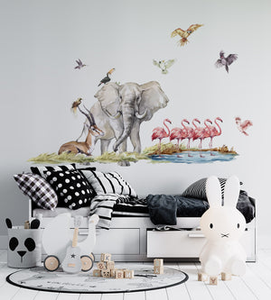 Elephant, anthelope and flamingos
