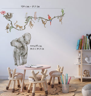 Elephant, parrots and monkeys - jungle wall sticker set with sticker sizes