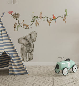 Elephant, parrots and monkeys - walldecals for a playroom