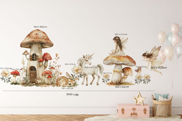 Fairy and unicorn wall stickers set with a sleeping deer and flowers in soft pastel watercolor tones
