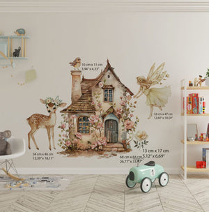 Fairy wall decals with a cottage covered in roses and a deer